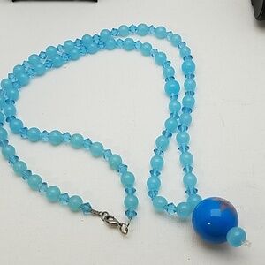 Blue Beads Flower Rhinestone 32" Necklace